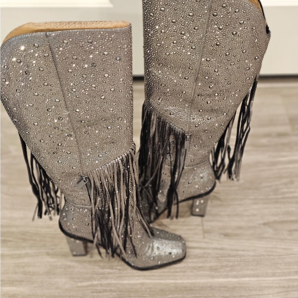 Jennifer Lopez Silver Heeled Boots with Fringe